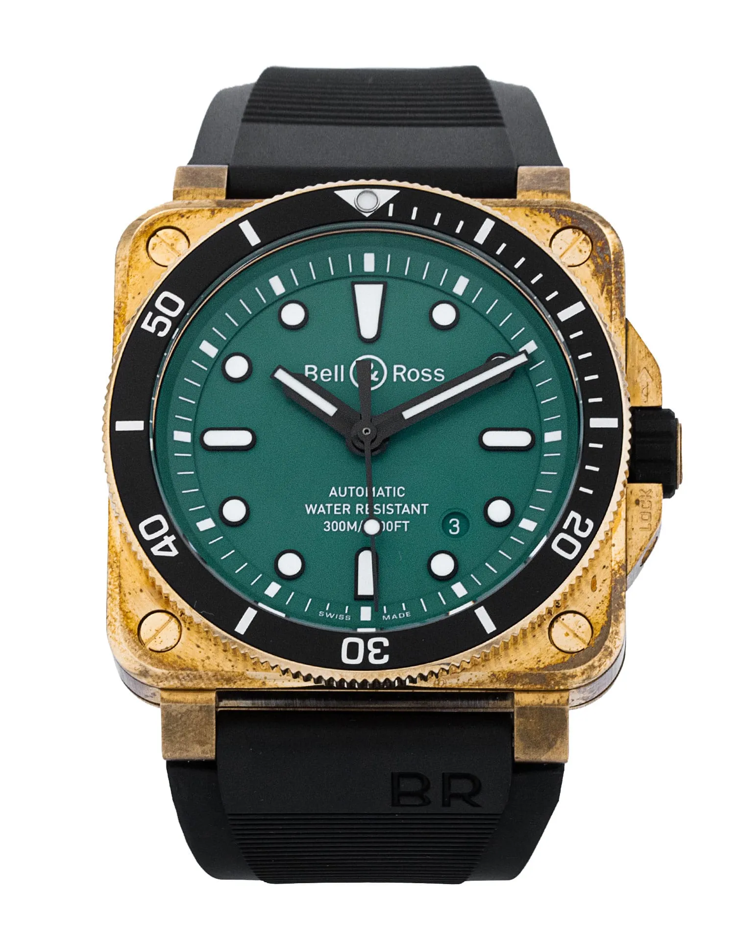 33mmRedBrass+追加Goldplated Bell and Ross BR 03 - Green Dial & Rubber Strap