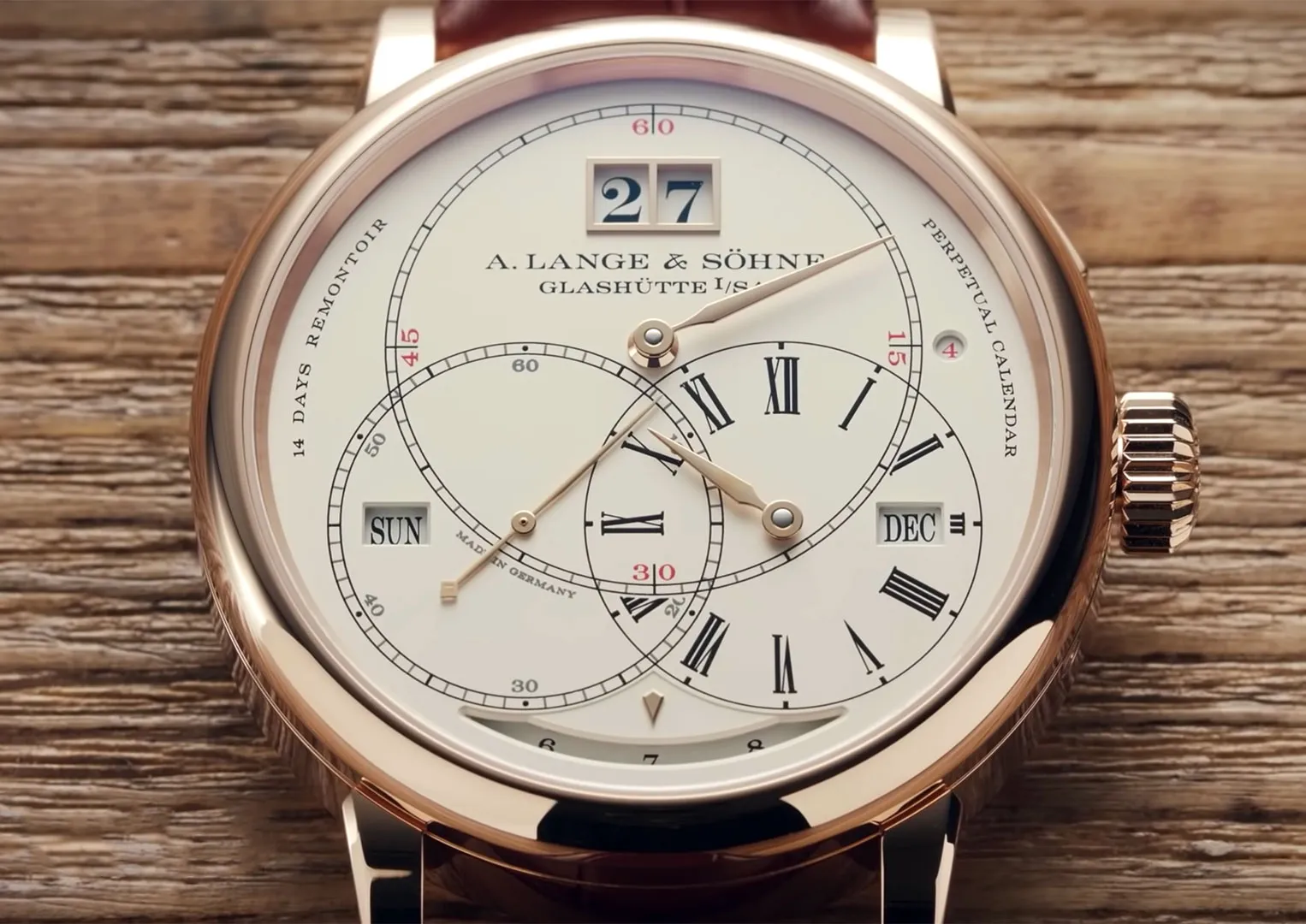 The A. Lange & Söhne Richard Lange Perpetual Calendar Terraluna has a power reserve of two weeks